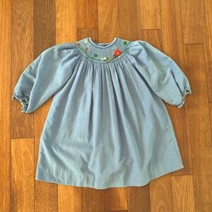 Toddler Girls Smocked Farm Animals Bishop Long Sleeve Corduroy Dress Blue 3T